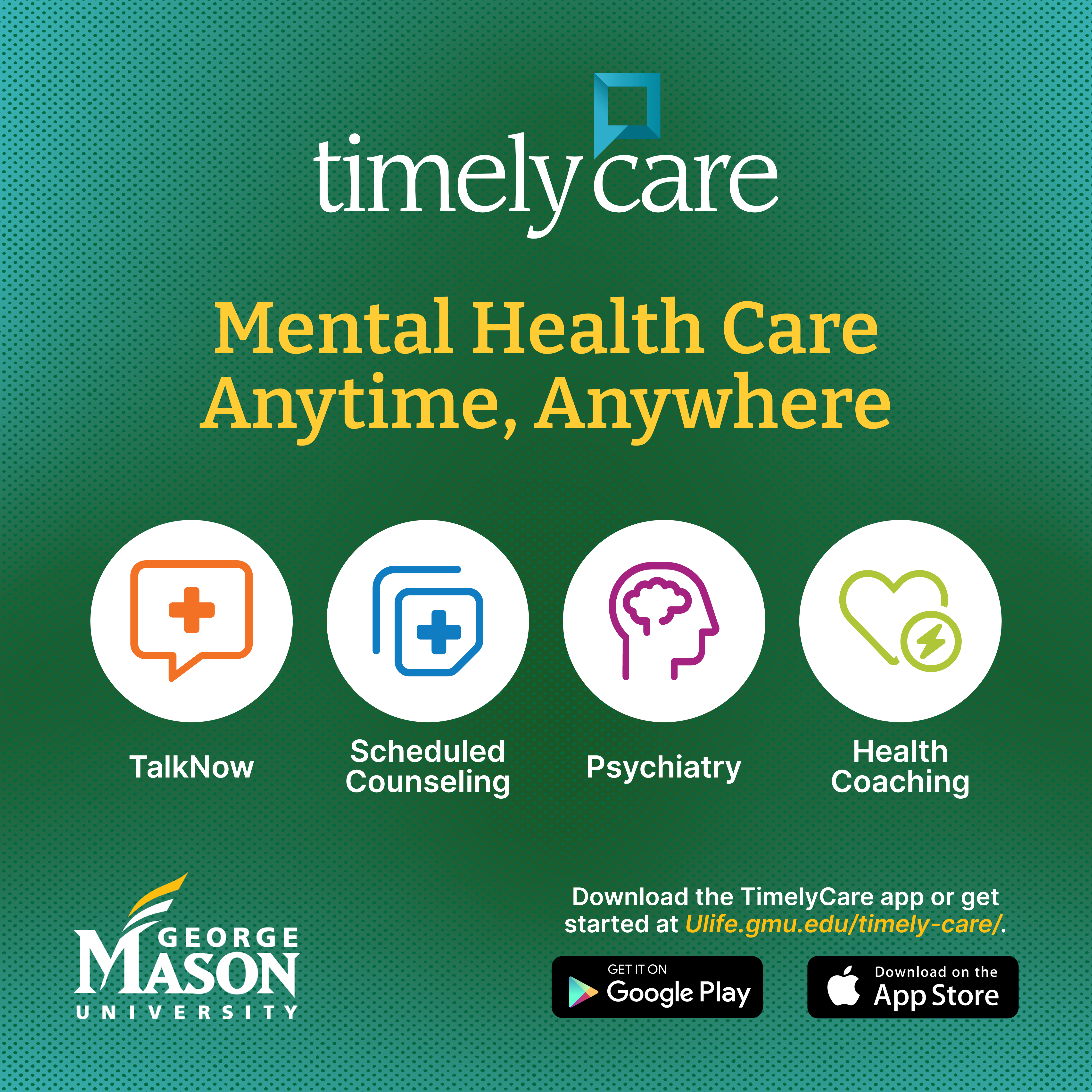 TimelyCare - 24/7 virtual mental health resource for Mason students