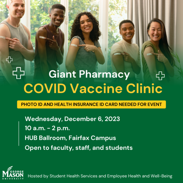 Group of smiling people pointing at bandaids on arm. Giant Pharmacy COVID Vaccine Clinic.